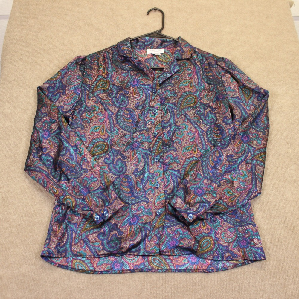 Fashion Star Vintage Paisley Button Down Blouse Jewel Tone Made in USA Size 12